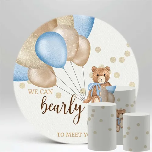 We Can Bearly Wait to Meet You Baby Shower - Telón de fondo redondo para tema de oso de peluche, niño, azul, marrón, baby shower, fiesta, fondo,