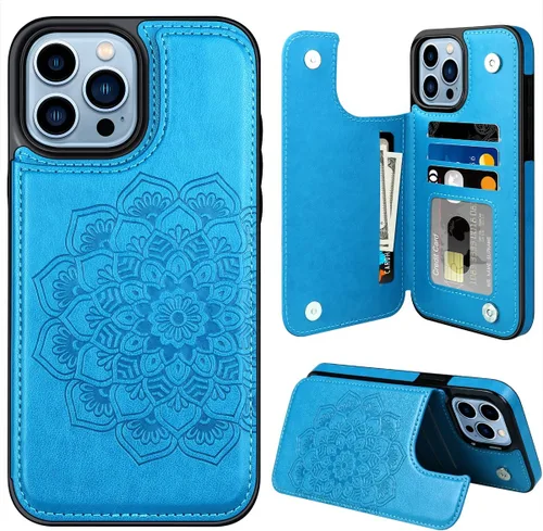 Miniatura 18 de MMHUO Funda protectora para iPhone 15 Pro Max con tarjetero y botones magnéticos de flores para mujer, color morado Púrpura