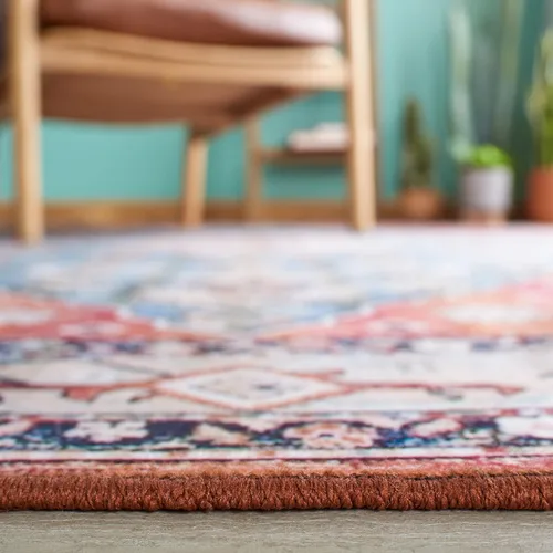 Miniatura 4 de SAFAVIEH Alfombra lavable Tucson Collection - 2 pies 6 pulgadas x 4 pies, beige y azul, antideslizante y fácil de limpiar, ideal para sala de estar