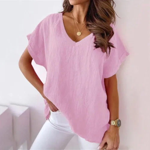 Miniatura 2 de Mayntop Camiseta de manga corta para mujer, de algodón, lino, cuello en V, color sólido, estampado, holgada, para verano