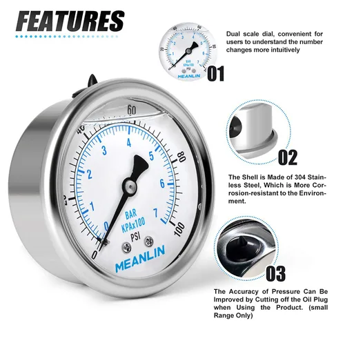 Miniatura 5 de MEANLIN MEASURE - Manómetro electromecánico de acero inoxidable, relleno de líquido, esfera con cara de 2.5 pulgadas, NPT de 1/4 de pulgada, agua