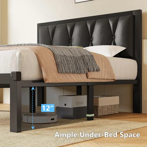 Miniatura 5 de GalnFu Base de cama de tamaño matrimonial con cabecera capitoné con botones, plataforma tapizada de piel sintética, marco de cama de metal