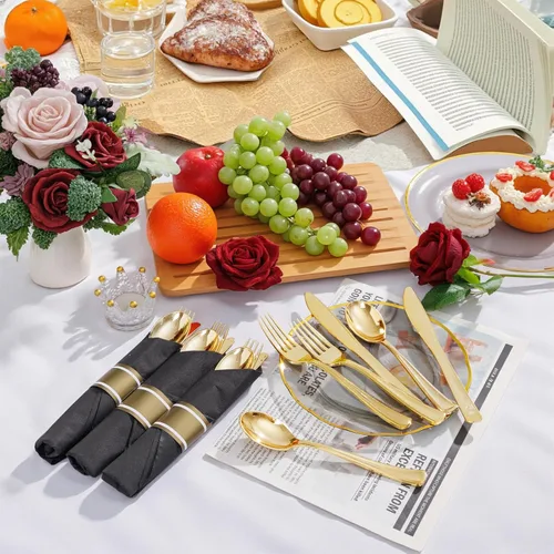 Miniatura 4 de Supernal Juego de 30 Cubiertos de Plástico Dorado Preenvueltos con Servilletas, Juego de Cubiertos de Plástico Envueltos, Utensilios Desechables