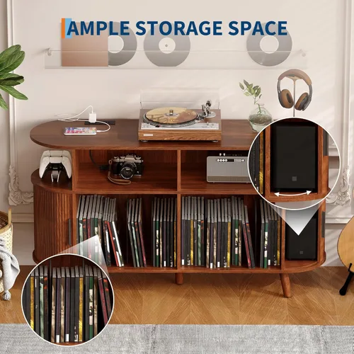 Miniatura 4 de GarveeHome Soporte redondo grande para tocadiscos de 55 pulgadas con estación de carga y puertos USB, soporte para tocadiscos de vinilo rústico