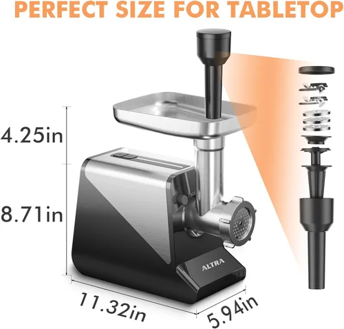 Miniatura 8 de ALTRA LIFE - Molinillo eléctrico de carne, relleno de salchichas máximo de 2800 W con 2 cuchillas, 3 platos, tubo de salchicha, rallador de queso