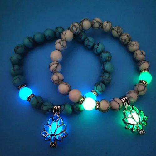 Miniatura 2 de Pulsera luminosa con forma de flor de loto que brilla en la oscuridad para mujer, piedras turquesas naturales, joyería de oración de yoga, Metal