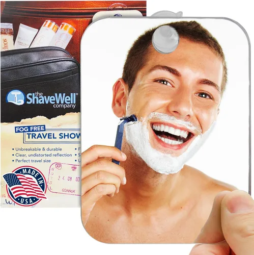 Shave Well - Espejo de afeitado antivaho de viaje, portátil, sin niebla, espejo de ducha colgante con opción de mano para hombres y mujeres, incluye