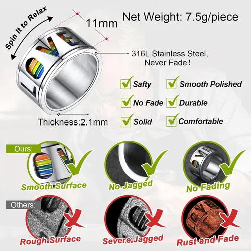 Miniatura 5 de FaithHeart Anillos para ansiedad LGBT Pride Rainbow, acero inoxidable/chapado en oro de 18 quilates, joyería de amor es amor para hombres y mujeres