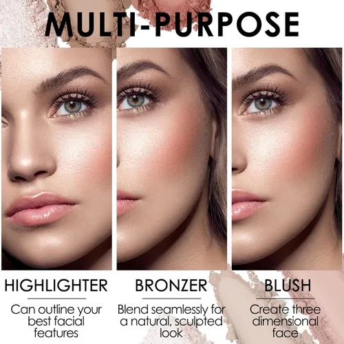 Miniatura 4 de FOCALLURE Paleta de rubor y resaltador, paleta de contorno 3 en 1, polvo bronceador mate libre de crueldad, iluminadores brillantes para un aspecto