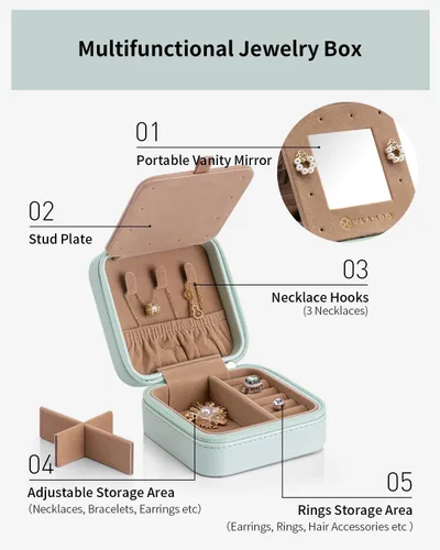 Miniatura 3 de Vlando Joyero de viaje pequeño de terciopelo de felpa, mini joyero portátil para mujeres, niñas, anillos, aretes, collares, pulseras, caja