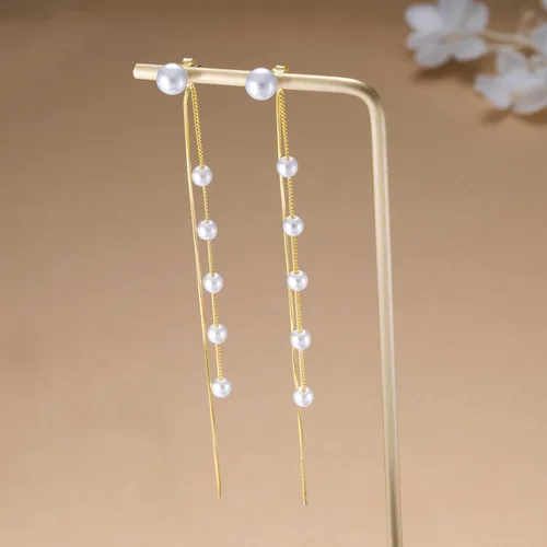 Miniatura 2 de SLUYNZ Aretes colgantes de plata de ley 925 con perlas de concha de imitación para mujer, elegantes aretes largos con borlas, aretes colgantes