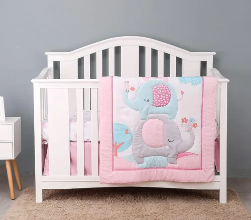Miniatura 7 de Luxanna Juego de ropa de cama para cuna, 3 piezas, diseño de elefante rosa, con edredón para bebé, sábana bajera para cuna, falda de cuna para niñas