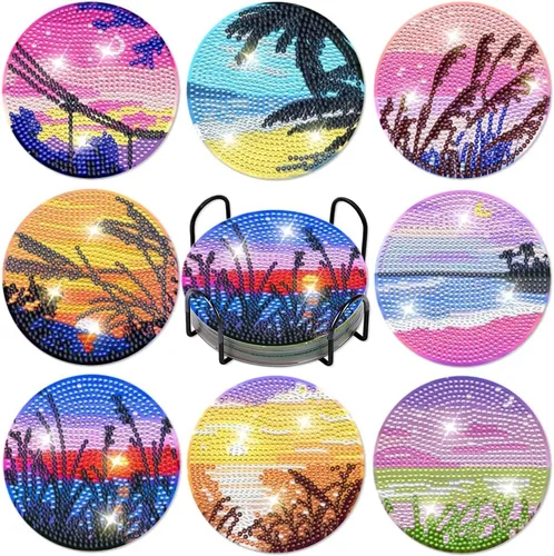 Miniatura 8 de Praise V Do Juego de 6 posavasos de pintura de diamante con soporte de base de corcho, posavasos de Navidad para principiantes, adultos