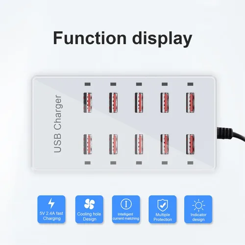Miniatura 7 de Cargador USB de 10 puertos estación de carga para múltiples dispositivos, cargador de pared USB, tira de concentrador de alimentación, enchufe