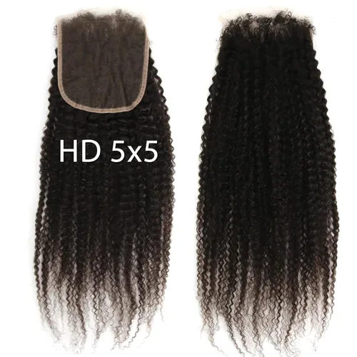 Miniatura 18 de Afro Kinky Curly 5x5 HD Cierre de encaje prearrancado con borde rizado de bebé 4B 4C, cierre de encaje HD de cabello humano transparente