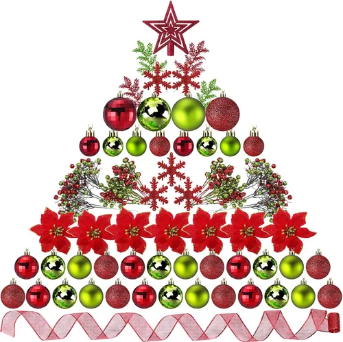 Miniatura 12 de Sratte 94 piezas de adornos para árbol de Navidad, adornos de bolas de Navidad con purpurina, flores de nochebuena, decoraciones con bayas Azul