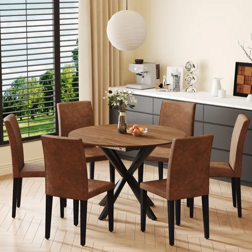 Miniatura 5 de Juego de mesa de comedor redonda para 6, juego de mesa de comedor extensible de 43-59 pulgadas, mesa de grano de madera de nogal y 6 sillas Marrón