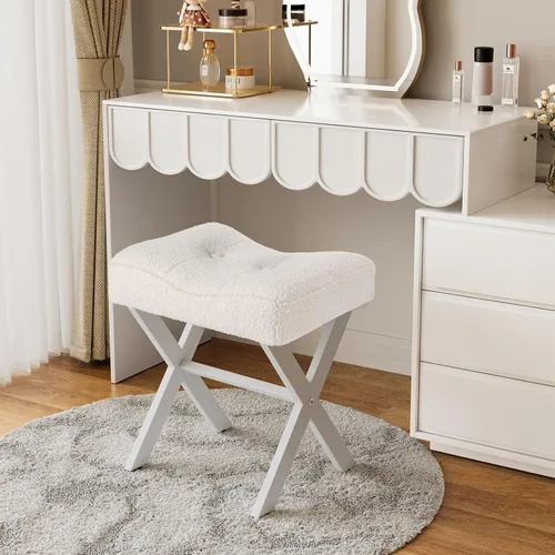 Miniatura 5 de Memobarco Taburete Silla de Tocador de 18 Pulgadas, Banco de Tocador con Patas en X de Metal, Taburete Otomán de Acento con Tela Bouclé Transpirable