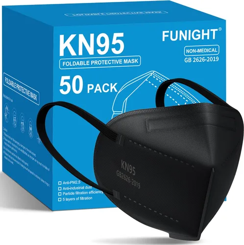 Funight Mascarillas KN95, paquete de 50 mascarillas desechables con filtro transpirable de 5 capas, color negro Adulto-50 Pack-negro