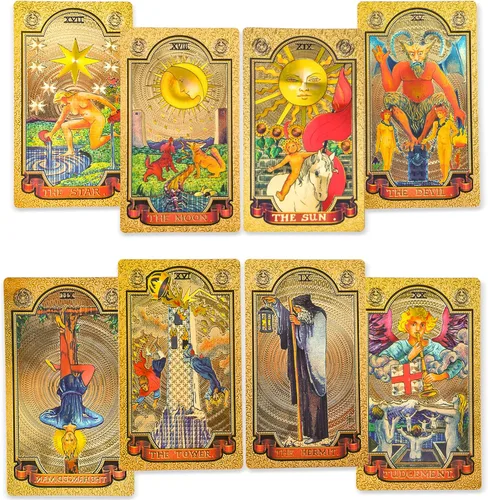 KIINO - Baraja de 78 cartas de tarot con libro guía, diseño de lámina dorada, baraja de tarot para principiantes y jugadores profesionales con caja