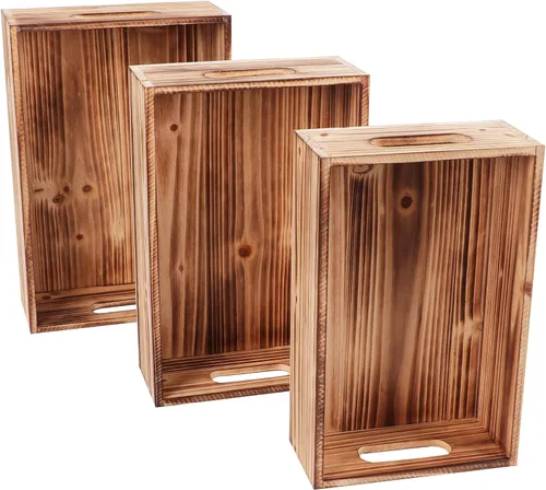 Miniatura 5 de PHOENANCEE Cajas de madera para exhibición, cajas decorativas rústicas de almacenamiento, juego de 3, caja anidable de madera con asas, cesta