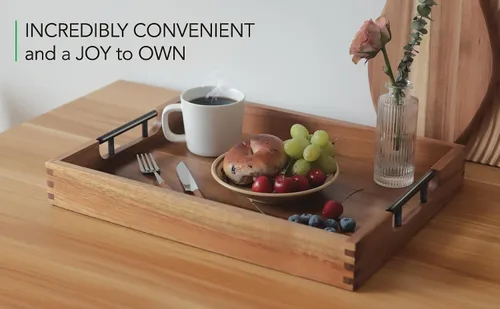 Miniatura 6 de Joy&Grace Bandeja otomana para sala de estar, bandeja grande de madera de acacia con asas para mesa de café, desayuno en la cama, cena de comida
