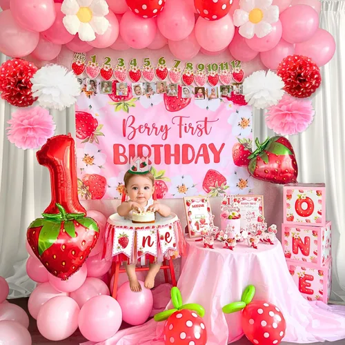 Miniatura 5 de RainMeadow Juego de decoraciones de primer cumpleaños de bayas de alta calidad, decoraciones de primer cumpleaños de fresa para niña con pancarta