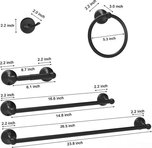 Miniatura 2 de Newfun Juego de accesorios de baño de 8 piezas de 24 pulgadas, color negro mate, incluye toallero de baño ajustable de 24 pulgadas, anillos