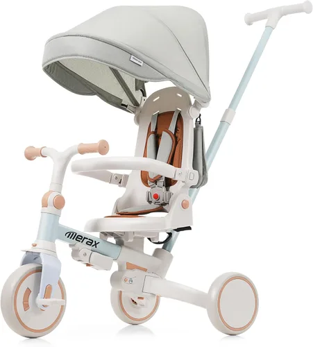 Miniatura 9 de Cochecito de triciclo de bebé 7 en 1 para niños pequeños de 1 a 6 años con mango de empuje ajustable, asiento giratorio, toldo retráctil Amarillo