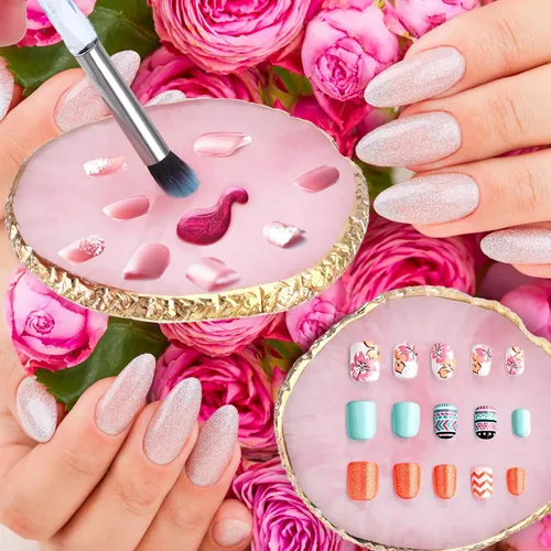 Miniatura 3 de Ouligay Paleta de arte de uñas de resina Paleta de mezcla de maquillaje con borde dorado, herramienta de arte de uñas, diseño de gel, bandeja de Rosa