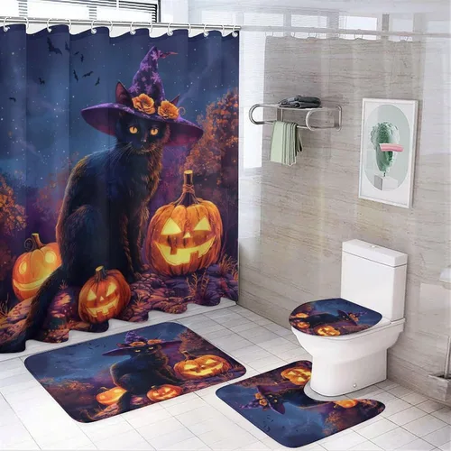 Juego de 4 cortinas de ducha divertidas con diseño de gato, calabaza, luna, con alfombras, tapa de inodoro y tapete de baño, farol de Halloween,