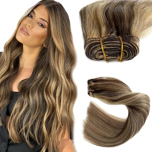 Extensiones de cabello humano real, balayage, color castaño ceniza a rubio miel, extensiones de cabello humano con reflejos, 14 pulgadas, 2.82 oz,