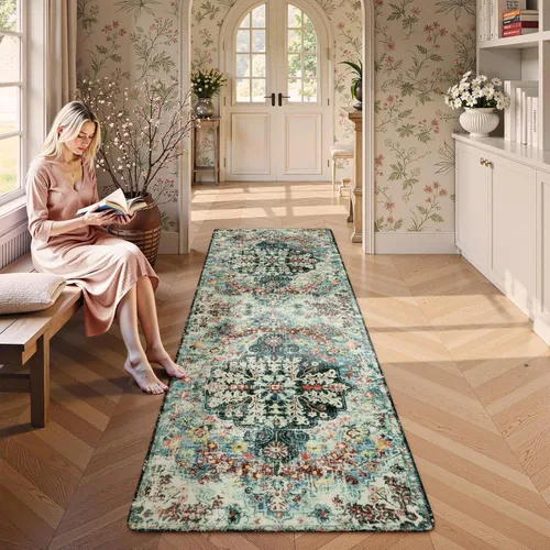 Miniatura 2 de Lahome Alfombra de corredor floral bohemio de 2'8" x 8', alfombra lavable para pasillo, alfombras antideslizantes para cocina, alfombra suave turca