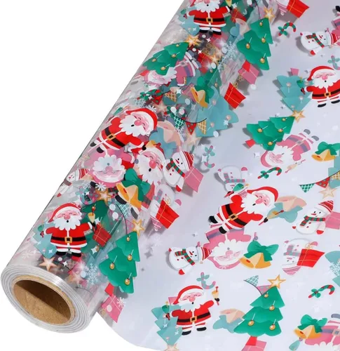 Rollo de celofán navideño de 100 pies x 31.5" - Rollo de celofán navideño para Navidad para envolver cesta de regalo, golosina, vino, decoración de