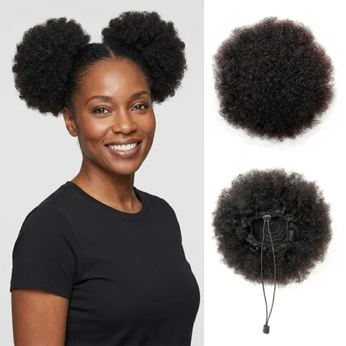 Miniatura 34 de Cola de caballo de cabello humano con cordón para mujeres negras, extensión de cabello humano rizado 4C, 8 pulgadas, aspecto natural, añade volumen