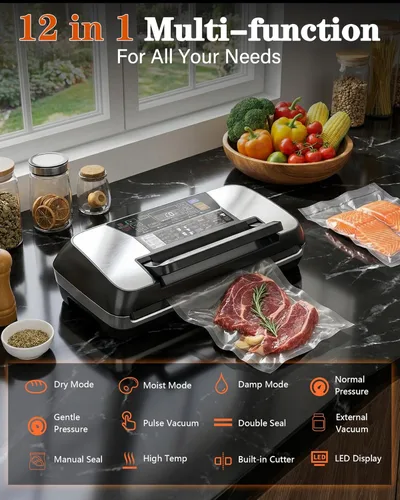 Miniatura 2 de Máquina selladora al vacío de alimentos de 95 kPa, potente sistema de envasado al vacío de 230 W con doble sellado térmico para alimentos húmedos