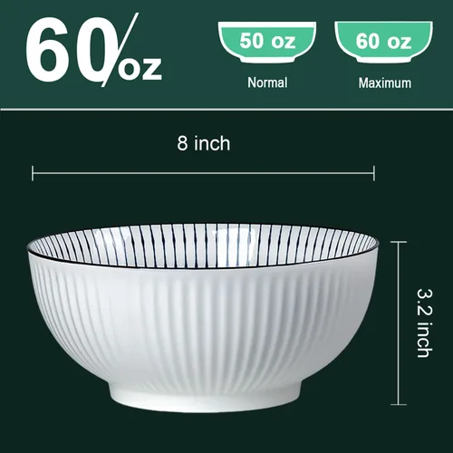 Miniatura 2 de QINLANG Juego de 3 cuencos grandes de sopa Pho & Ramen, 60 onzas, cuencos grandes de porcelana azul y blanca, patrón a rayas