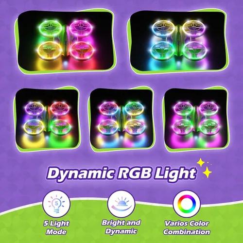 Miniatura 4 de Dron LED RC para niños de 6+, regalo de Navidad y cumpleaños para niños y niñas con baterías del control remoto, giro de 360°, modo de alta Verde
