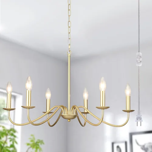 Miniatura 10 de Candelabro de 6 luces enchufables, lámpara colgante con cable de enchufe de 15.1 pies e interruptor, candelabros dorados enchufables para comedor