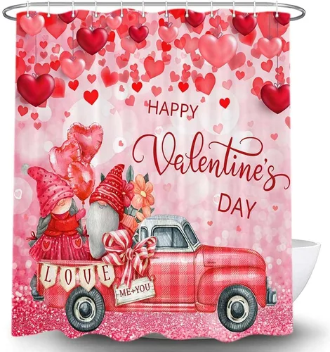 Cortina de ducha de gnomos del día de San Valentín, diseño de camión a cuadros color rojo, corazón rosa, fondo romántico con purpurina para niñas y