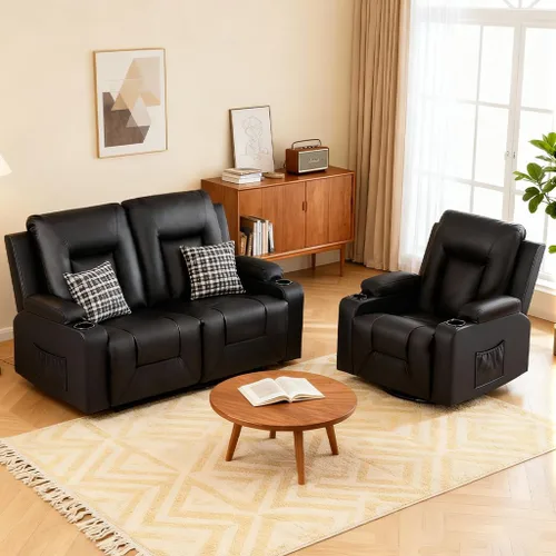 Miniatura 10 de COMHOMA Juego de muebles de sala de estar, juegos de sofá reclinable manual de piel sintética con portavasos, sofá reclinable, sofá biplaza