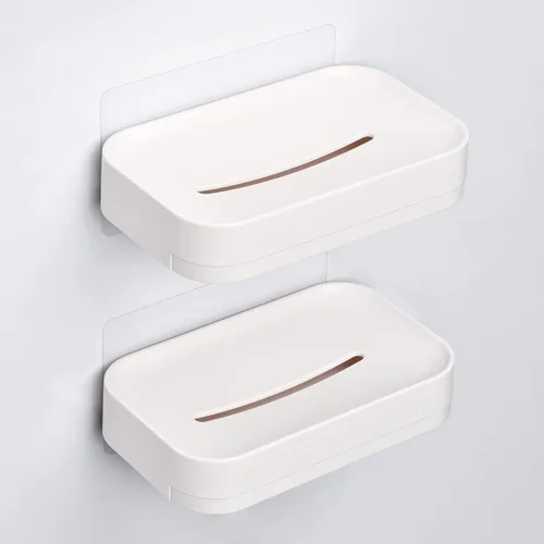YOHOM Jabonera adhesiva con bandeja de drenaje, barra de ducha blanca, soporte para jabón montado en la pared para baño, soporte para bandeja de