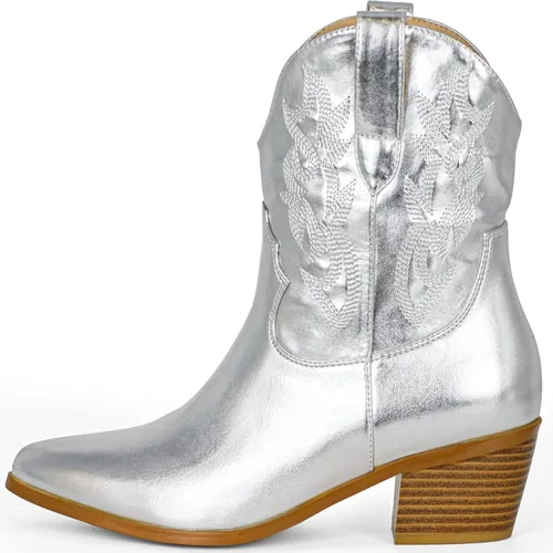 Miniatura 2 de STALOV Botas vaqueras cosidas para mujer, punta puntiaguda, tacón bajo y grueso, botas vaqueras occidentales bordadas