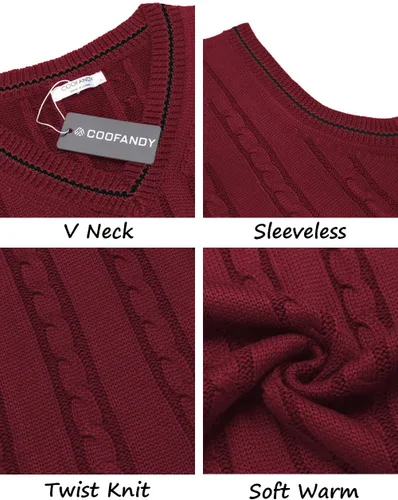 Miniatura 5 de COOFANDY Suéter para hombre, cuello en V, ajustado, casual, sin mangas, tejido trenzado
