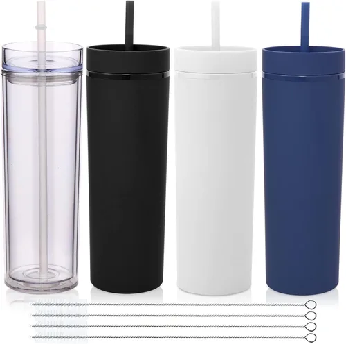 Miniatura 18 de Volhoply Paquete a granel de 4 vasos delgados de plástico de 20 onzas, vaso de doble pared con tapa y popote, taza reutilizable de viaje para café
