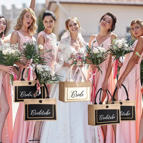 Miniatura 7 de Buryeah Paquete de 8 bolsas de mano para novia, tribu, regalo de boda, bolsa de arpillera nupcial con asas, bolsa de yute nupcial reutilizable
