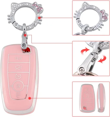 Miniatura 4 de Pangpai Funda rosa para llavero Ford, funda de TPU suave con llavero brillante para Edge Escape Expedition Explorer Fusion Mustang Ranger F-150 F-250