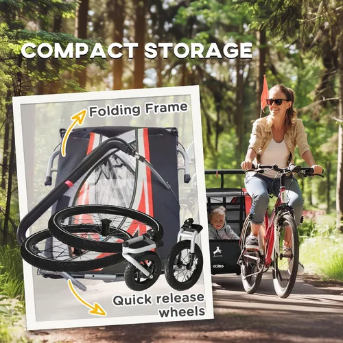 Miniatura 5 de Aosom Remolque de bicicleta de bebé 3 en 1 para niños, 2 plazas, cochecito de bicicleta de alta visibilidad para carro pequeño, accesorio de Rojo