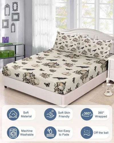 Miniatura 3 de Sábanas bajeras de bolsillo profundo de hasta 16 pulgadas, funda de colchón suave de Halloween con 1 funda de almohada decorativa para dormitorio