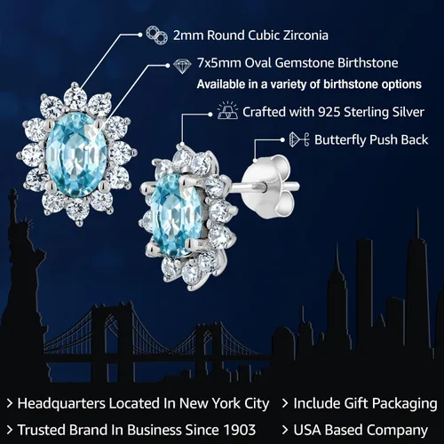 Miniatura 79 de Gem Stone King Aretes ovalados de plata de ley 925 de 0.276 x 0.197 in con piedra natal de la princesa Diana, estilo halo real para mujeres
